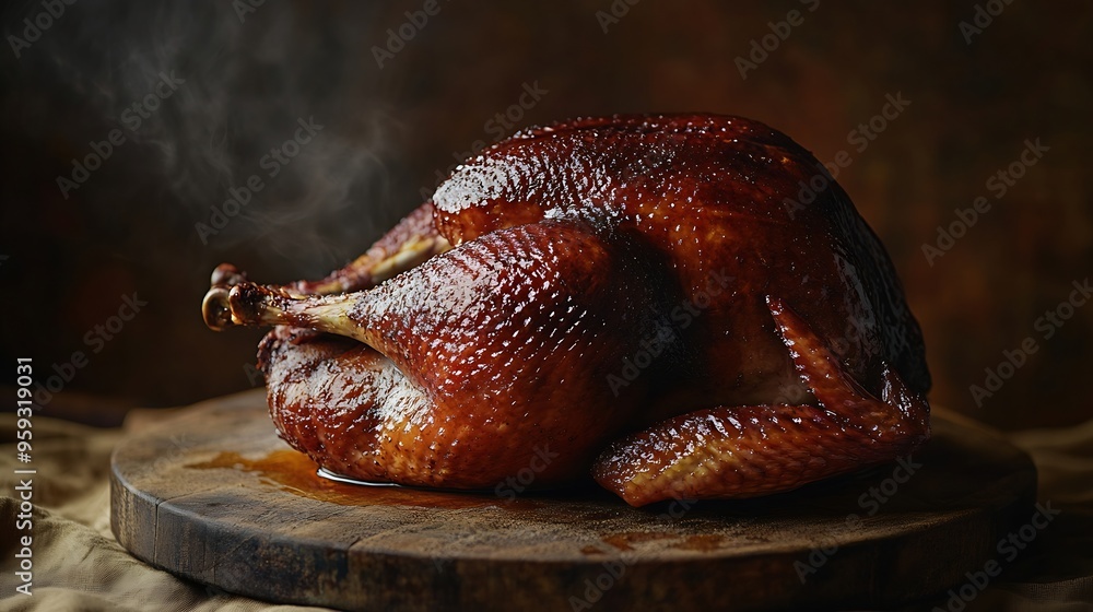 Fototapeta premium Smoked turkey prepared for thanksgiving Isolated on a brown background Closeup Macro American cuisine : Generative AI