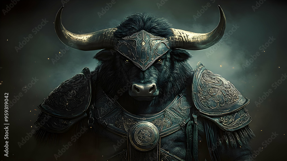 A mighty bull wearing golden armor stands with an intense look, against a dark background. A mighty bull wearing golden armor stands with an intense look, against a dark background.