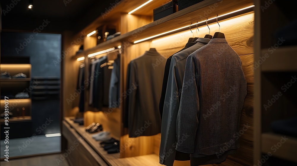 stylish dressing room with led lights in huge modern spacious apartment with high loft style ceilings wooden decoration and grey walls : Generative AI stylish dressing room with led lights in huge modern spacious apartment with high loft style ceilings wooden decoration and grey walls : Generative AI