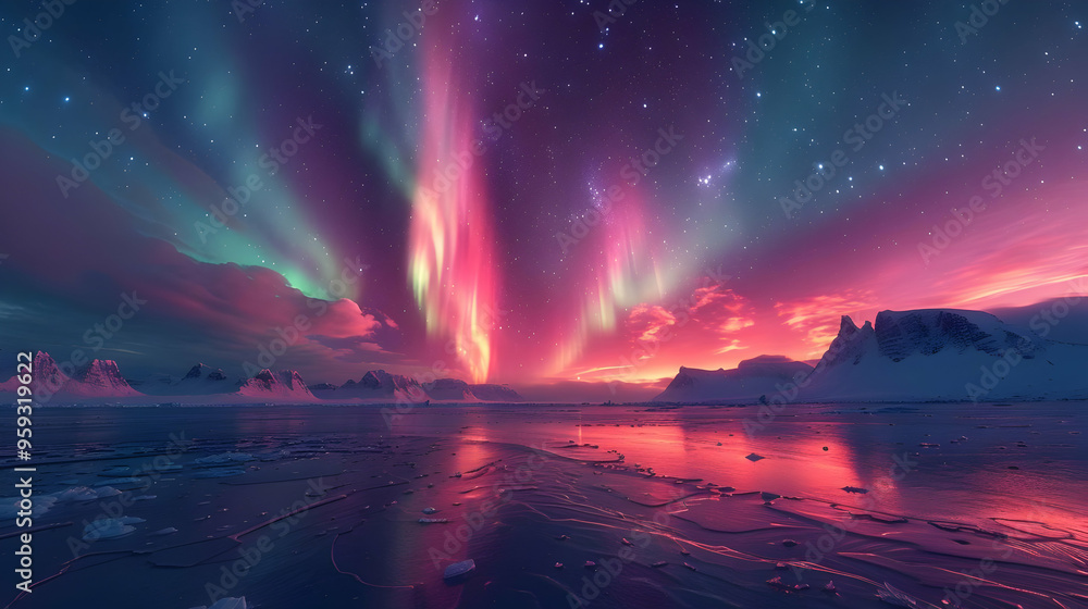 Northern Lights Reflecting on Frozen Lake - Illustration Northern Lights Reflecting on Frozen Lake - Illustration