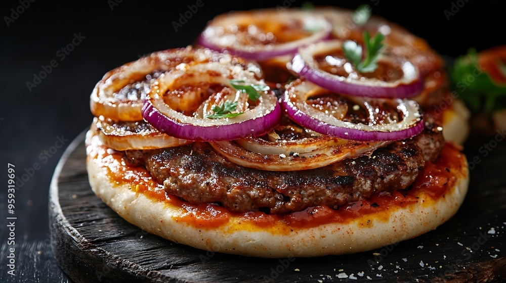 Mini american burger pizza with onion American finger food : Generative AI Mini american burger pizza with onion American finger food : Generative AI