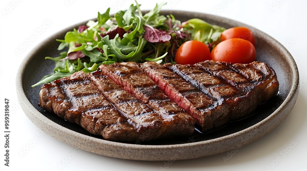 BBQ Grilled Wagyu New York beef meat steak or Striploin steak in a plate with salad Isolated on white background : Generative AI BBQ Grilled Wagyu New York beef meat steak or Striploin steak in a plate with salad Isolated on white background : Generative AI
