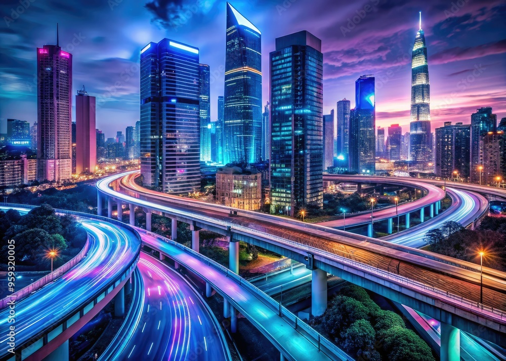 Obraz premium futuristic neon lit metropolitan exit ramp cityscape night