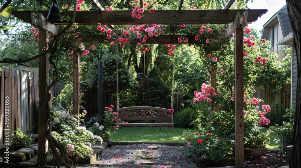 A backyard pergola covered with climbing roses and a hanging swing chair, creating a romantic spot. A backyard pergola covered with climbing roses and a hanging swing chair, creating a romantic spot.