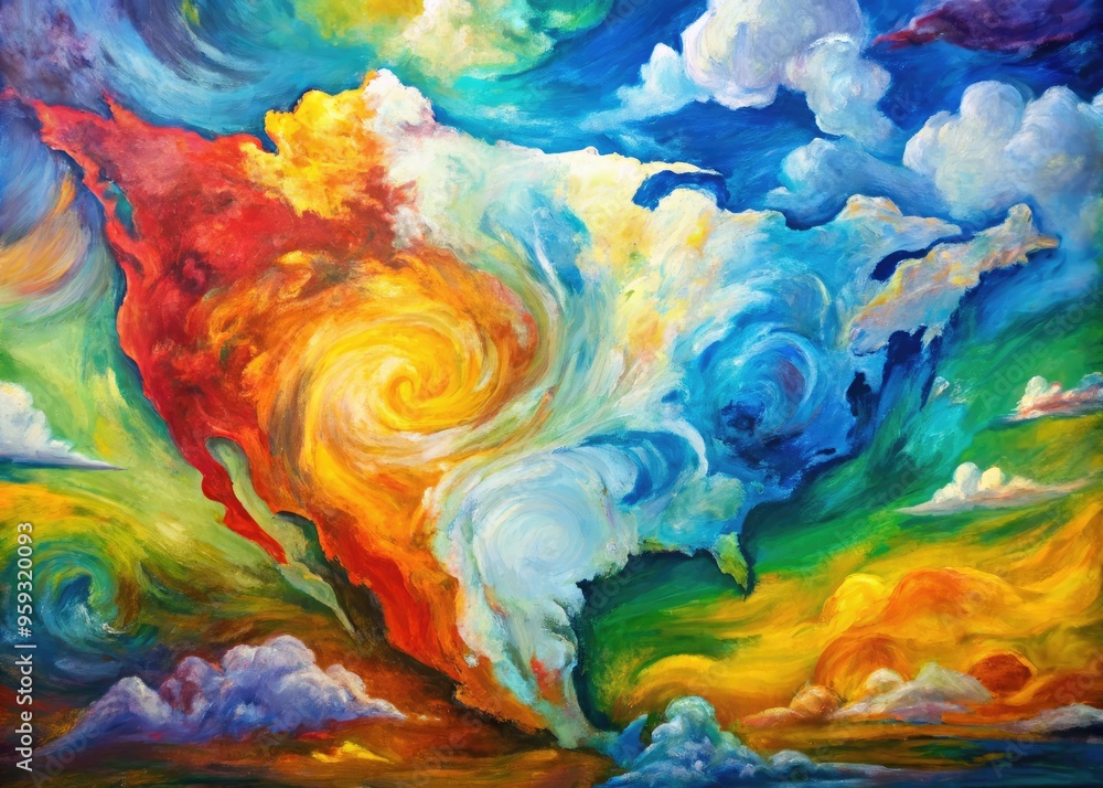 Obraz premium Expressive abstract map of Midwest with swirling clouds, gestural brushstrokes, and vibrant colors, emotional and dynamic, and textured canvas.
