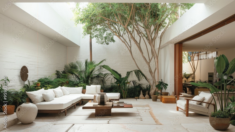 A beautifully designed living room by Luis Barragan, enclosed by lush greenery. The white walls and cosy warm lights enhance the modern furniture, creating a serene ambiance. A beautifully designed living room by Luis Barragan, enclosed by lush greenery. The white walls and cosy warm lights enhance the modern furniture, creating a serene ambiance.