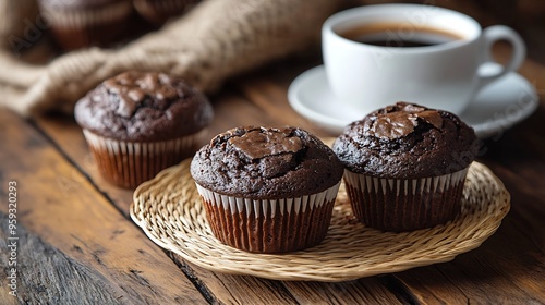 Several delicious chocolate muffins on straw plates and a cup of coffee closeup on a wooden table : Generative AI