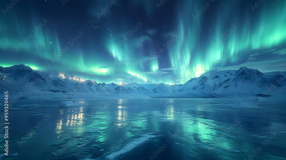 Naklejka premium Aurora Borealis Over Snowy Mountains - A Realistic Image