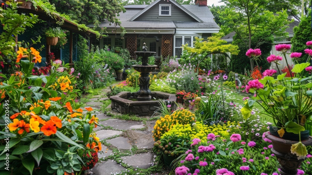 Obraz premium A beautifully landscaped garden with a variety of colorful flowers, a stone pathway, and a small fountain in front of a cozy home.