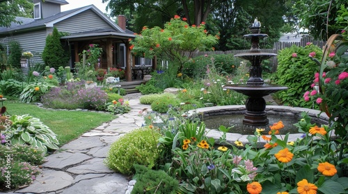 A beautifully landscaped garden with a variety of colorful flowers, a stone pathway, and a small fountain in front of a cozy home.