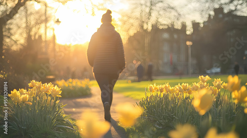 A person walks along a path surrounded by yellow flowers during a beautiful sunset. photo