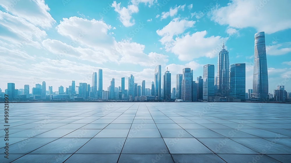 Empty square floors and city skyline with modern buildings under blue sky : Generative AI Empty square floors and city skyline with modern buildings under blue sky : Generative AI