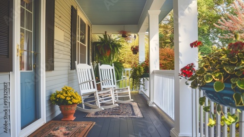 A charming front porch with rocking chairs, potted plants, and a welcome mat, creating a warm and inviting entrance.
