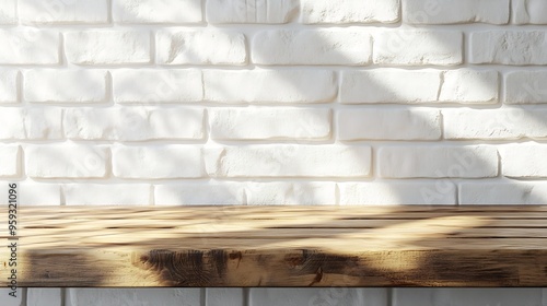 Empty space wooden top surface on white brick wall background with natural lighting Mockup scene display for products presentation : Generative AI