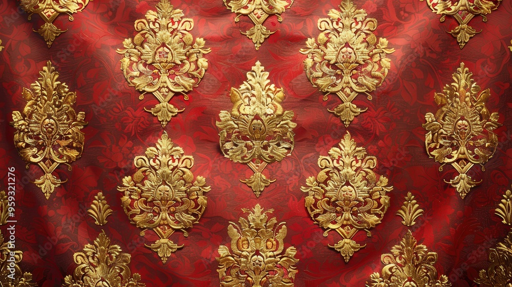 Red and Gold Damask Fabric Texture Background Red and Gold Damask Fabric Texture Background