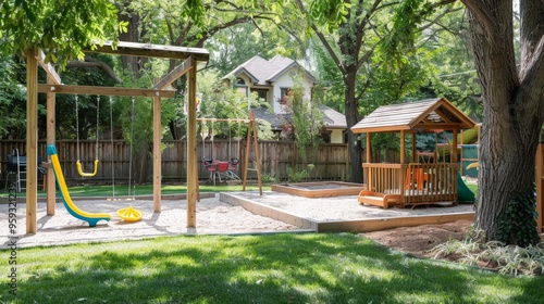 A children's play area in the backyard with a swing set, a sandbox, and a small playhouse.