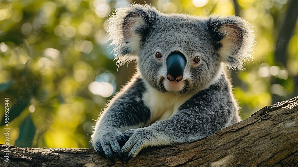 Fototapeta premium Closeup of a Koala Phascolarctos cinereus sitting on a tree fork looking at camera green foliage in the background Koalas are native Australian marsupials : Generative AI
