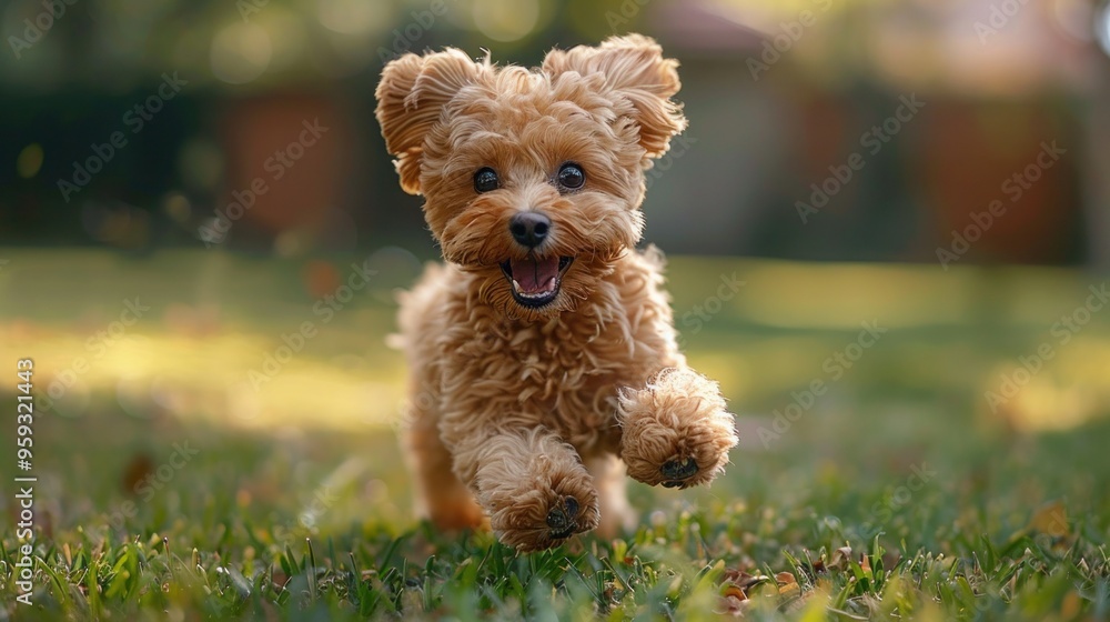 Fast-Running Toy Poodle in Green Backyard with House Background and Fluttering Apricot Fur Fast-Running Toy Poodle in Green Backyard with House Background and Fluttering Apricot Fur