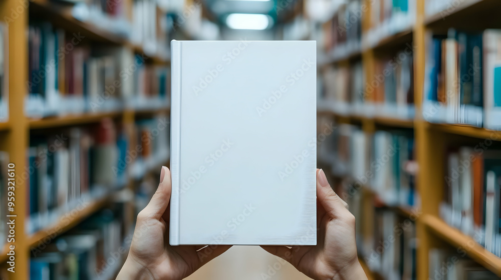 A plain white book held up in front of a blurred bookshelf. A plain white book held up in front of a blurred bookshelf.
