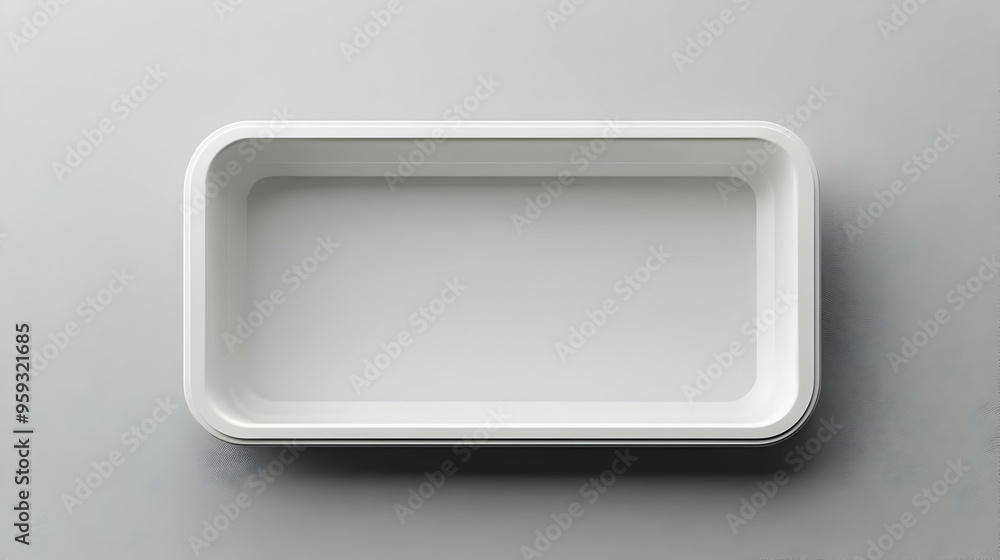 A plain white rectangular container, with a smooth surface, sits on a grey background. A plain white rectangular container, with a smooth surface, sits on a grey background.