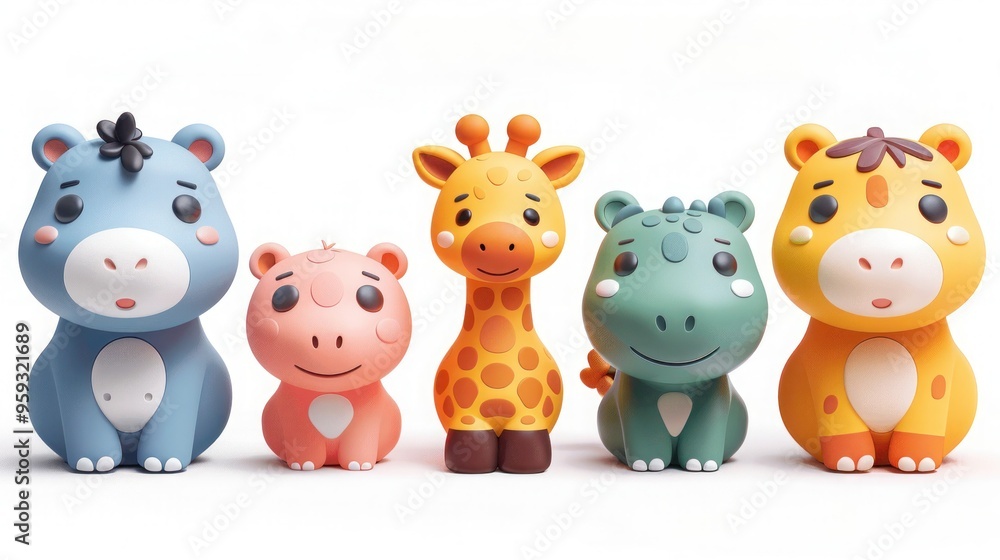 Naklejka premium Kawaii Animal Set: Hippo, Giraffe, Alligator, and Crocodile Face Icons with Cute Cartoon Baby Characters, Long Neck, Baby Clothes, Kids Prints, Love, Flat Design on White Background, Isolated