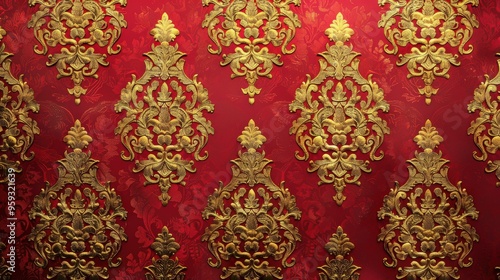 Red and Gold Damask Pattern Texture Background