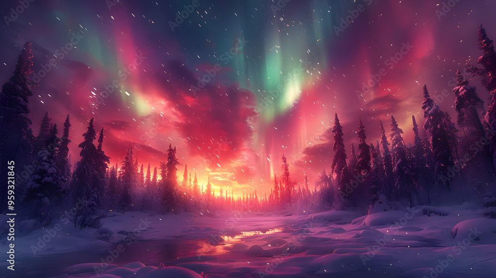 Winter Forest with Northern Lights Illustration Winter Forest with Northern Lights Illustration