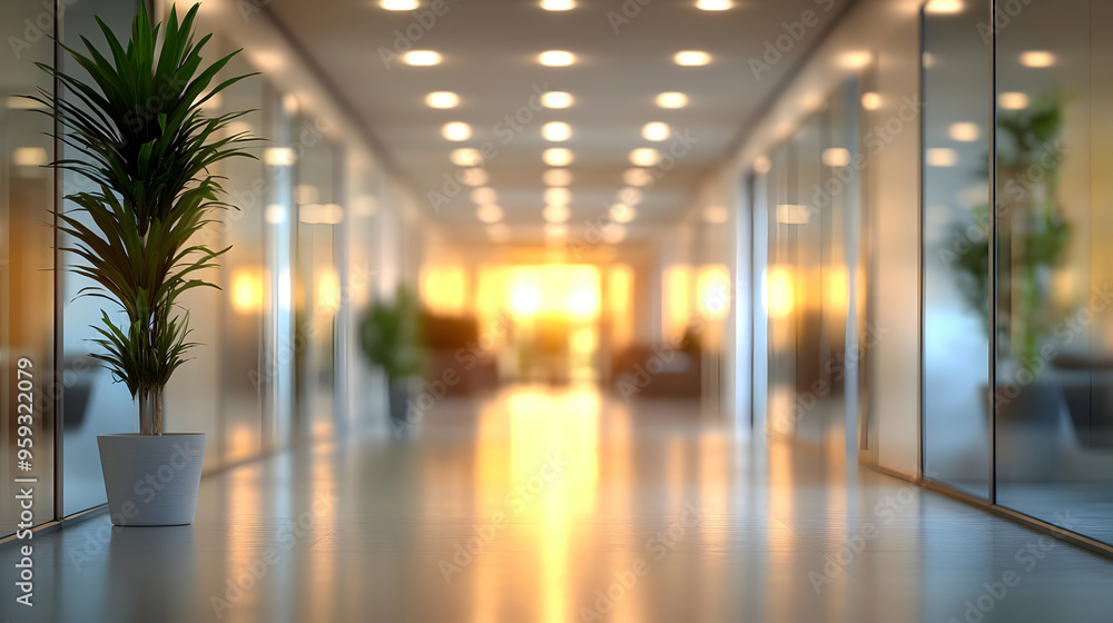 A potted plant stands in the corner of a modern office hallway with glass walls and a bright, sunlit entrance. A potted plant stands in the corner of a modern office hallway with glass walls and a bright, sunlit entrance.