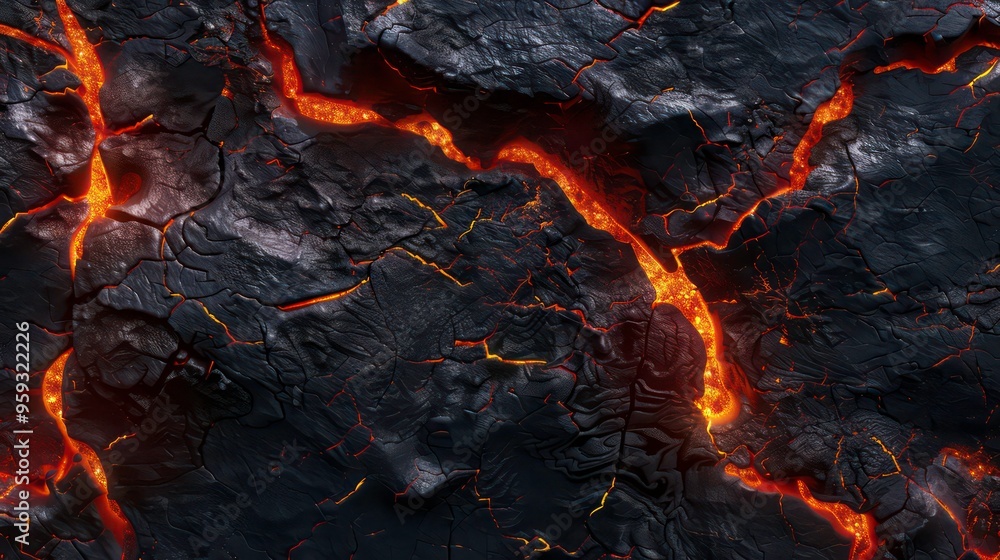 Close-up of glowing lava flowing through cracks in black volcanic rock.