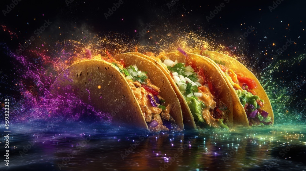 Three Tacos with Colorful Splashes and Reflections on Water Three Tacos with Colorful Splashes and Reflections on Water