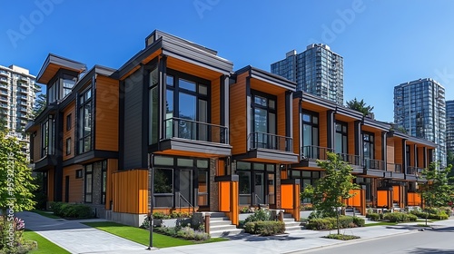 Facade of new residential townhouses Modern apartment buildings in Vancouver Canada Modern complex of apartment buildings in summerConcept of real estate development house for sale hou : Generative AI photo