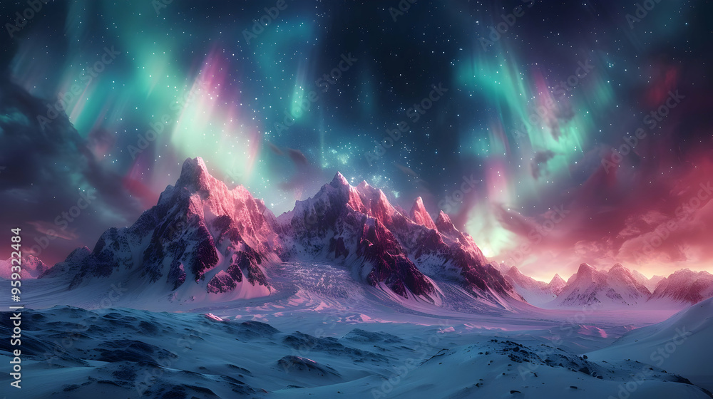Fototapeta premium Snowy Mountains Under the Aurora Borealis - Digital Illustration