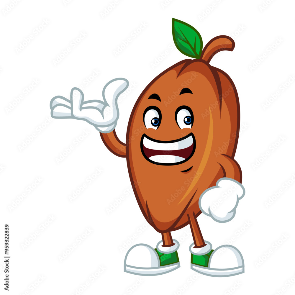 Obraz premium Cute and friendly cartoon cocoa bean mascot character with a welcoming gesture.