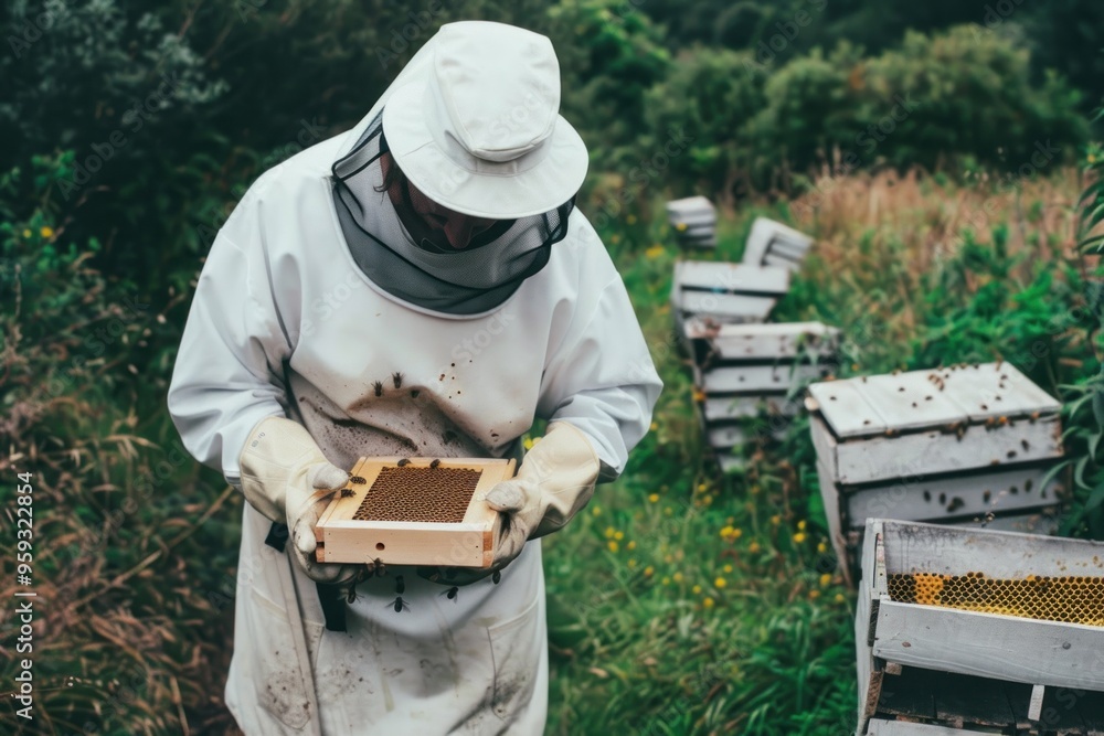 Beekeeper Inspecting Honeycomb Frame Beekeeper Inspecting Honeycomb Frame