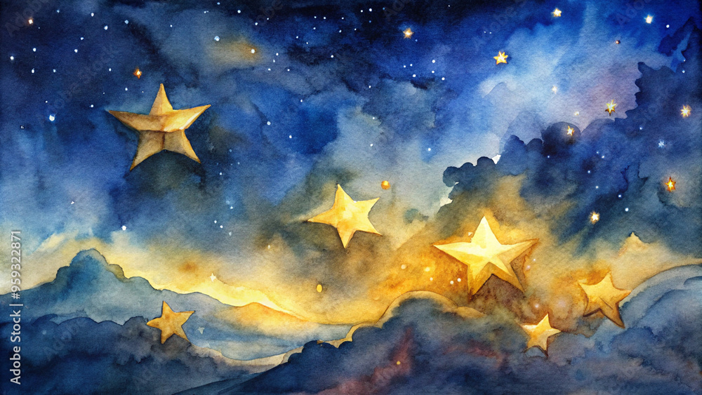 Fototapeta premium Shining Christmas stars in a night sky with watercolor clouds and a magical atmosphere
