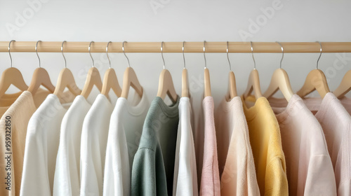 A row of colorful sweaters hanging on wooden hangers on a white background. photo