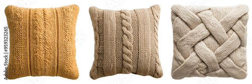 Cozy Knitted Cushions with Various Patterns Isolated on Transparent Background photo