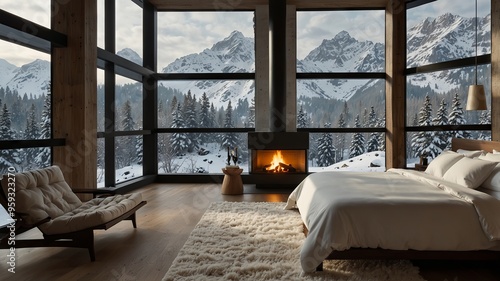 Minimalist Modern Bedroom in a Snowy Landscape