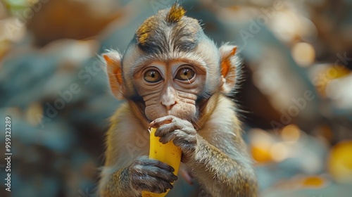 Hungry Bonnet Macaque Eating Banana in Indian Jungle photo