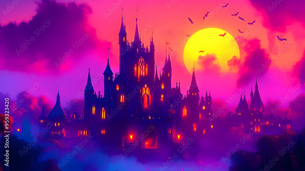 A silhouette of a fairytale castle stands tall against a vibrant sunset sky, glowing with warm light. A silhouette of a fairytale castle stands tall against a vibrant sunset sky, glowing with warm light.