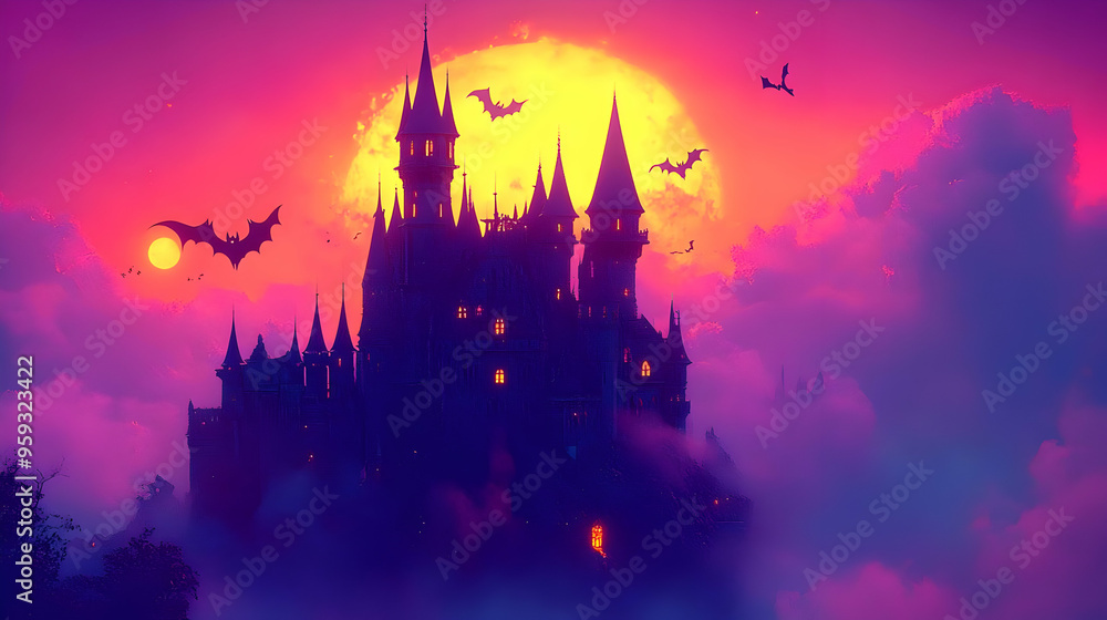 A silhouette of a castle against a sunset sky with bats flying around and a glowing moon. A silhouette of a castle against a sunset sky with bats flying around and a glowing moon.