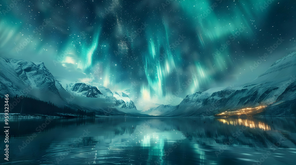 Aurora Borealis Over Mountains and Lake - Night Sky Landscape Aurora Borealis Over Mountains and Lake - Night Sky Landscape