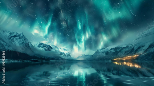 Aurora Borealis Over Mountains and Lake - Night Sky Landscape