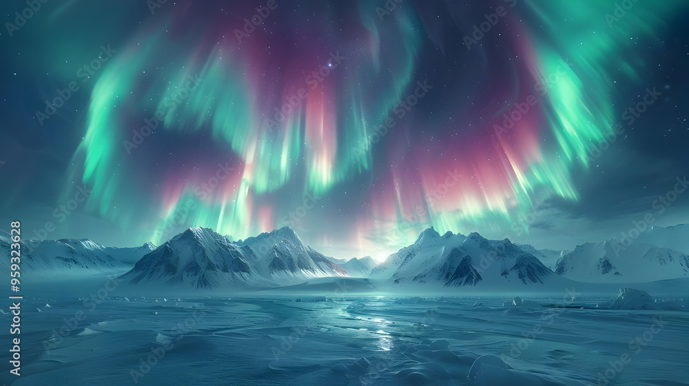 Fototapeta premium Aurora Borealis Over Snowy Mountains - Night Sky Photography