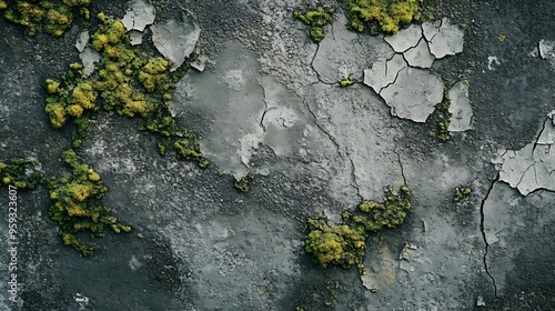 cement wall adorned with moss and cracked peeling paint : Generative AI photo