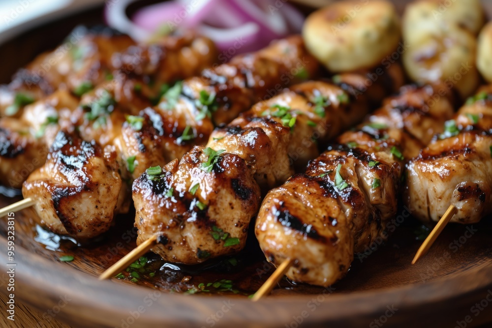 Create a close-up photo of a rustic wooden plate filled with small pieces of breast chicken. The satay should be skewered, grilled meat (preferably chicken or beef) with visible char marks. Create a close-up photo of a rustic wooden plate filled with small pieces of breast chicken. The satay should be skewered, grilled meat (preferably chicken or beef) with visible char marks.
