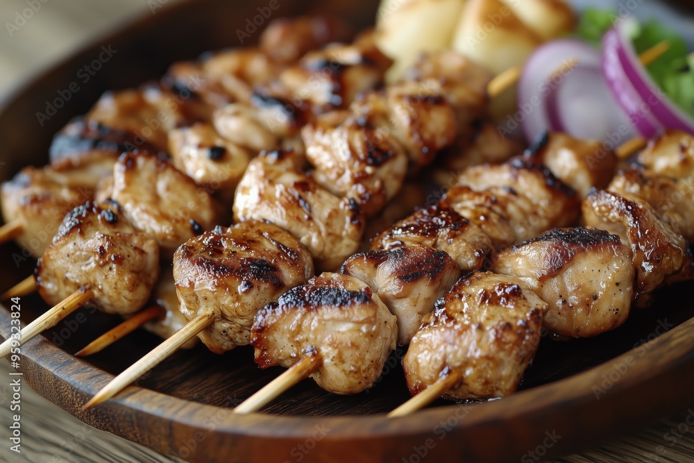 Create a close-up photo of a rustic wooden plate filled with small pieces of breast chicken. The satay should be skewered, grilled meat (preferably chicken or beef) with visible char marks. Create a close-up photo of a rustic wooden plate filled with small pieces of breast chicken. The satay should be skewered, grilled meat (preferably chicken or beef) with visible char marks.