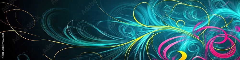 Teal spirals and pink hints merge chaotically on a navy canvas with yellow highlights. Teal spirals and pink hints merge chaotically on a navy canvas with yellow highlights.