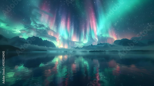 Wallpaper Mural Northern Lights Reflection in Mountain Lake -  Digital Illustration Torontodigital.ca