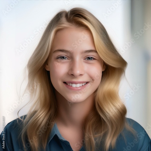 A young girl with a radiant face, clear skin, bright eyes, soft lips, and a gentle smile, exuding innocence, beauty, and warmth.